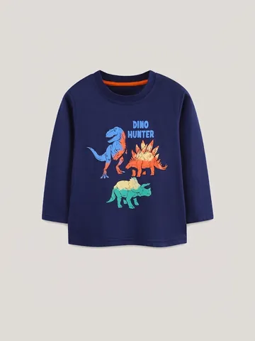 Maglietta a Maniche Lunghe in Cotone per Ragazzi Blu Notte Stampa Dinosauro Dino Hunter Girocollo Autunno Top Casual