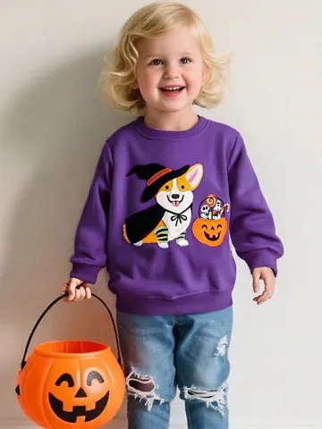 Mädchen Halloween Sweatshirt Cartoon Corgi Zauberer Kürbis Applikation 100% Baumwolle Langarm Pullover Kleinkinder Herbst Top