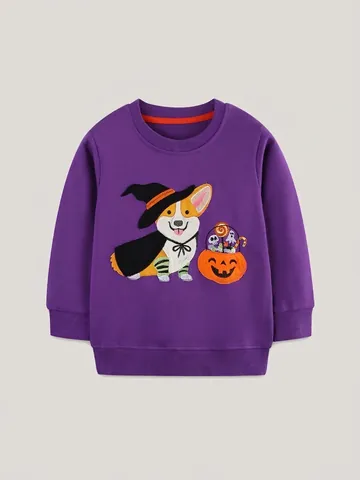 Mädchen Halloween Sweatshirt Cartoon Corgi Zauberer Kürbis Applikation 100% Baumwolle Langarm Pullover Kleinkinder Herbst Top