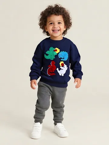 Felpa da Ragazzo Con Ricamo Dinosauro in Spugna Girocollo in Cotone a Maniche Lunghe Pullover Autunno Casual Bambino