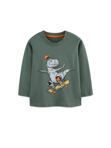 Boys Cotton Long Sleeve T-Shirt Casual Skateboard Dinosaur Print Round Neck Pullover Top For Toddler Kids