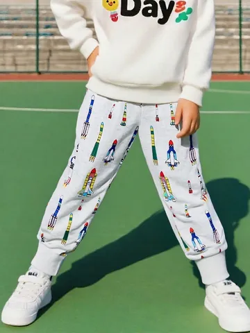 Pantaloni Sportivi da Bambino in Cotone Casual Razzo Stampa Cartoon Elastico in Vita con Coulisse per Autunno Inverno Bambini Sportivi