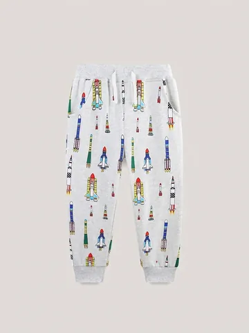 Pantaloni Sportivi da Bambino in Cotone Casual Razzo Stampa Cartoon Elastico in Vita con Coulisse per Autunno Inverno Bambini Sportivi