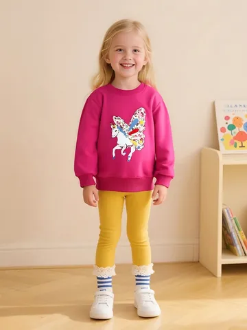 Sweat-shirt à Manches Longues Imprimé Licorne pour Filles Coton Col Rond Mode Automne Top Enfant Rouge Rose Casual Pullover