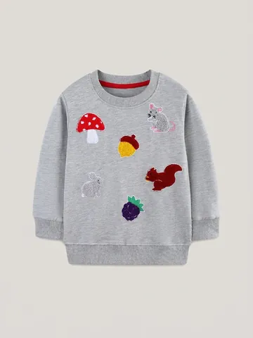 Felpa in Cotone con Ricami Animali della Foresta per Bambini e Bambine Pullover a Maniche Lunghe Girocollo Moda Autunnale