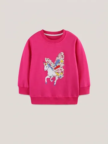 Sweat-shirt à Manches Longues Imprimé Licorne pour Filles Coton Col Rond Mode Automne Top Enfant Rouge Rose Casual Pullover