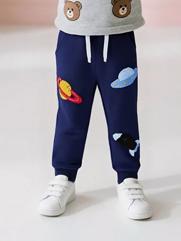 Boys Cotton Sweatpants Space Planet UFO Embroidered Elastic Drawstring Waist Joggers Casual Sports Pants Navy Blue Kids Bottoms