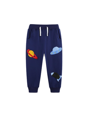 Boys Cotton Sweatpants Space Planet UFO Embroidered Elastic Drawstring Waist Joggers Casual Sports Pants Navy Blue Kids Bottoms