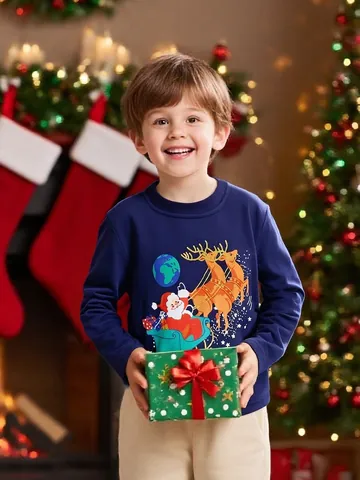 Maglietta a Maniche Lunghe di Natale per Ragazzi in Puro Cotone con Stampa Babbo Natale Renna Girocollo Pullover Blu Marino