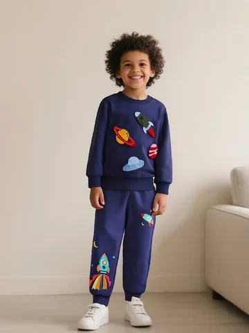 Jungen Baumwolle Sweatshirt Weltraumrakete Chenille-Stickerei Langarm Marineblau Pullover Top Kleinkind Casual Sportbekleidung