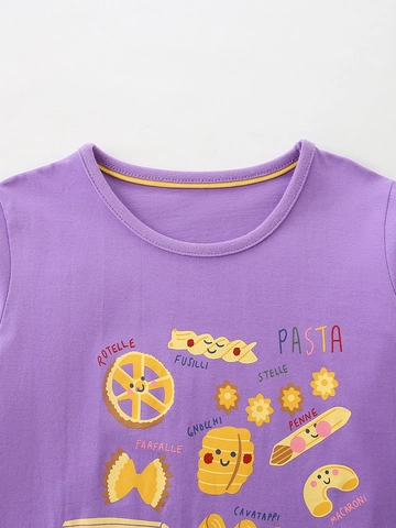 Girls Cotton Long Sleeve T-Shirt Purple Pasta Cartoon Printed Round Neck Top For Kids Autumn Casual Clothing