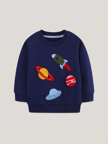 Jungen Baumwolle Sweatshirt Weltraumrakete Chenille-Stickerei Langarm Marineblau Pullover Top Kleinkind Casual Sportbekleidung
