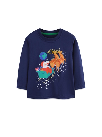 Maglietta a Maniche Lunghe di Natale per Ragazzi in Puro Cotone con Stampa Babbo Natale Renna Girocollo Pullover Blu Marino
