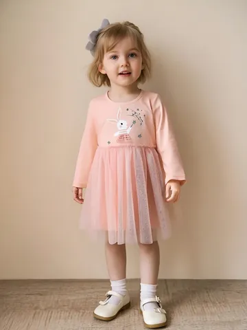 Robe de Princesse à Manches Longues en Coton et Maille pour Filles Broderie Lapin Rose Étoile Tutu pour Enfants 2-7 Ans