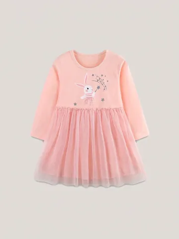 Robe de Princesse à Manches Longues en Coton et Maille pour Filles Broderie Lapin Rose Étoile Tutu pour Enfants 2-7 Ans