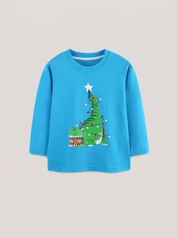 T-Shirt a Maniche Lunghe con Dinosauro di Natale da Bambino in Morbido Cotone Grafica Animata Blu Autunno