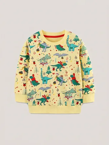 Boys Christmas Dinosaur Printed Cotton Sweatshirt Casual Long Sleeve Pullover Holiday Ribbed Cuffs Tops For Children
