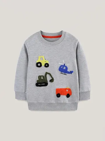 Felpa da Ragazzo in Cotone Con Ricamo in Ciniglia Cartone Animato Veicolo da Cantiere Maglia a Manica Lunga Grigia
