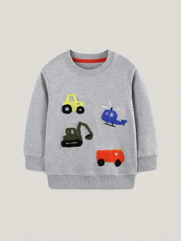 Felpa da Ragazzo in Cotone Con Ricamo in Ciniglia Cartone Animato Veicolo da Cantiere Maglia a Manica Lunga Grigia