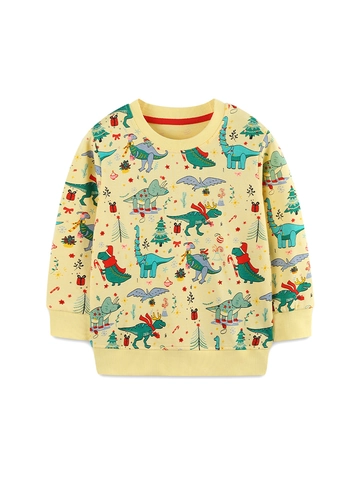 Boys Christmas Dinosaur Printed Cotton Sweatshirt Casual Long Sleeve Pullover Holiday Ribbed Cuffs Tops For Children