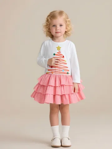 Girls Christmas Dress Long Sleeve Cotton Patchwork Princess Dress Pink Polka Dot Ruffle Hem Holiday Party Clothes For Kids