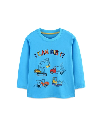Maglietta a Maniche Lunghe in Cotone per Ragazzi Stampa Veicolo da Cantiere Girocollo Top Blu Bambini Autunno Abbigliamento Sportivo Casual