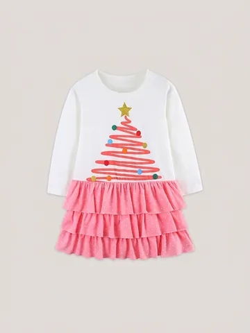Girls Christmas Dress Long Sleeve Cotton Patchwork Princess Dress Pink Polka Dot Ruffle Hem Holiday Party Clothes For Kids
