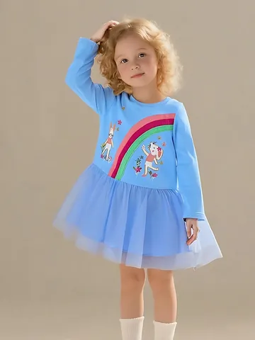 Robe de Princesse à Manches Longues pour Filles en Coton avec Jupe Tutu en Maille Broderie Lapin Arc-en-ciel Style Occidental Vêtements d'Automne et de Printemps