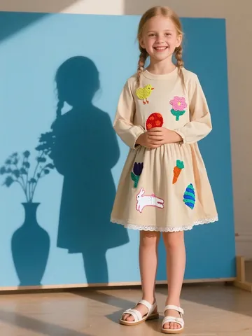 Vestito a Maniche Lunghe in Cotone per Bambine Carino Ricamo Animale Floreale Abito da Principessa per Feste Pasqua