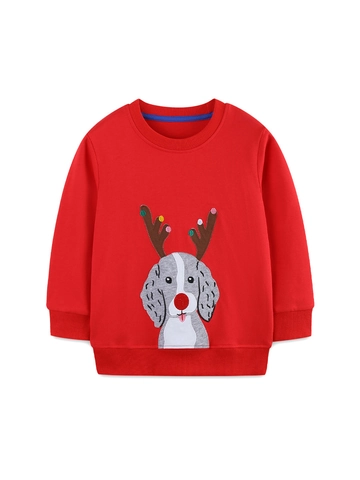 Sweatshirt en Coton de Noël pour Filles Brodé Chien Dessin Animé Cornes de Renne Pullover Manches Longues Automne Top