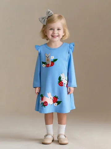Vestito da Principessa a Maniche Lunghe Autunnale da Ragazza in Maglia di Cotone Ricamato con Coniglio e Spalla con Volant