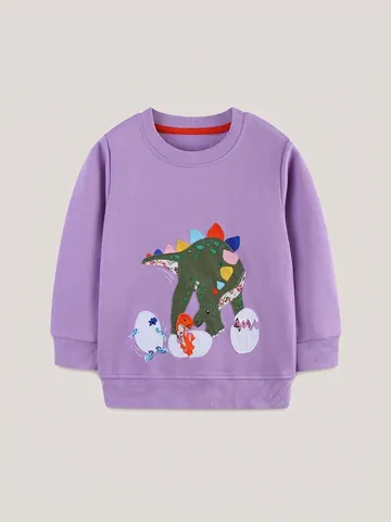 Sweatshirt pour Enfants en Coton avec Appliqué de Dinosaure Garçons Filles Violet Manches Longues Col Rond Dessin Animé Pull Décontracté