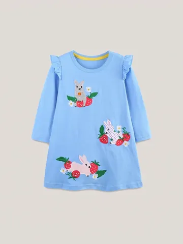 Vestito da Principessa a Maniche Lunghe Autunnale da Ragazza in Maglia di Cotone Ricamato con Coniglio e Spalla con Volant