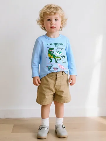 Maglietta da Ragazzo a Maniche Lunghe con Stampa di Dinosauro in Morbido Cotone Girocollo Stile Western Casual Autunno