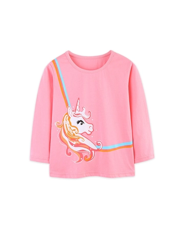 Camiseta de Manga Larga de Algodón para Niñas Otoño Dibujos Animados Unicornio Arcoíris Estampado Sudadera Cuello Redondo Tops