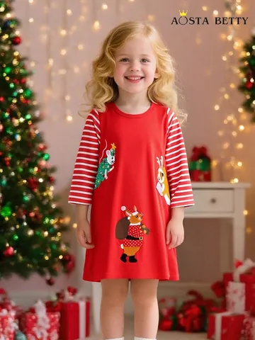 Vestito a Maniche Lunghe in Cotone Natalizio per Ragazze Manica a Righe Rosse Ricamo Animale dei Cartoni Animati Casual