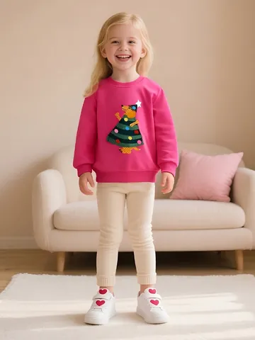 Mädchen Herbst Magenta Baumwolle Sweatshirt Weihnachtsbaum Hund Cartoon Druck Langarm Rundhalsausschnitt Pullover Kinder Bekleidung