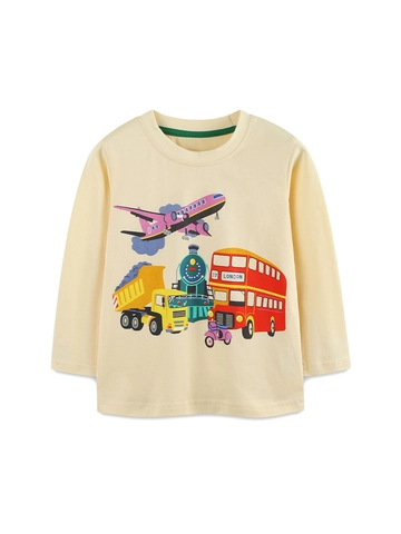 Boys Long Sleeve T-Shirt Cotton Cartoon Transport Print Autumn Casual Crew Neck Top For Kids Daily School Wear