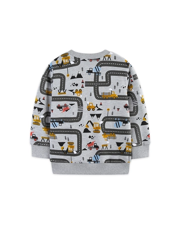 Boys Cotton Sweatshirt Long Sleeve Engineering Vehicle Cartoon Print Grey Pullover Soft Autumn Casual Kids Top