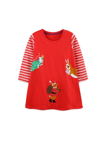 Vestito a Maniche Lunghe in Cotone Natalizio per Ragazze Manica a Righe Rosse Ricamo Animale dei Cartoni Animati Casual