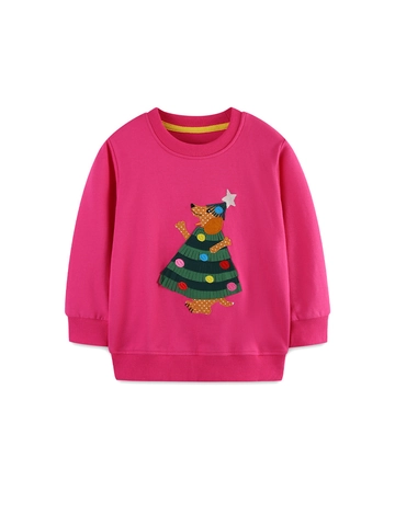 Mädchen Herbst Magenta Baumwolle Sweatshirt Weihnachtsbaum Hund Cartoon Druck Langarm Rundhalsausschnitt Pullover Kinder Bekleidung