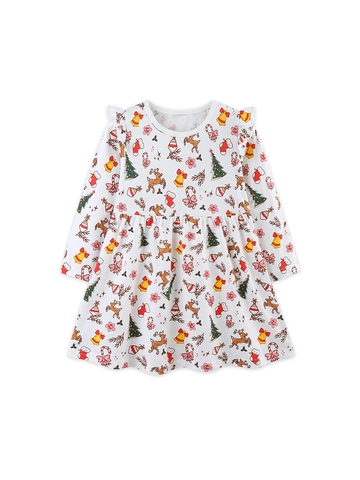 Girls Christmas Long Sleeve Dress Cotton Cartoon Reindeer Print Ruffle Shoulder Princess Holiday Party Dress For Children