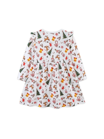 Girls Christmas Long Sleeve Dress Cotton Cartoon Reindeer Print Ruffle Shoulder Princess Holiday Party Dress For Children