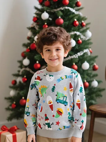Felpa in Cotone con Stampa Natalizia per Ragazzi Girocollo a Maniche Lunghe Maglione Festivo con Cartoni Animati per Bambini Grigio