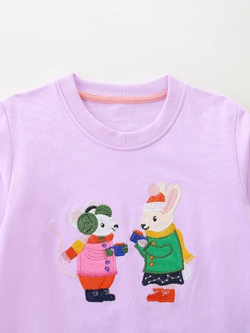 Sudadera de Punto de Algodón de Manga Larga para Niñas Púrpura Lavanda Pullover de Cuello Redondo Con Bordado de Animales Cálido Casual Otoño