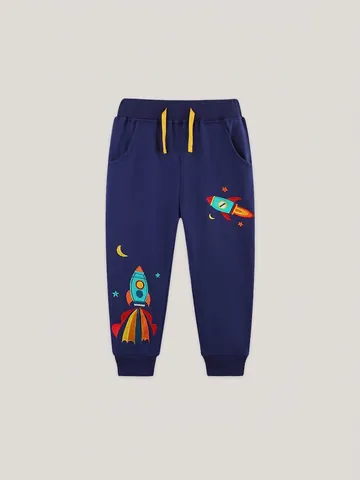 Jungen Weiche Baumwolle Jogginghose Mit Raketenstickerei Marineblau Elastischer Bund Sweatpants Für Kleinkinder Kinder Sport Hose