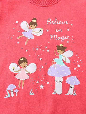 Girls Cotton Cartoon Fairy Print Sweatshirt With Ruffle Shoulder Long Sleeve Crew Neck Pullover Kids Fashion Fall Top