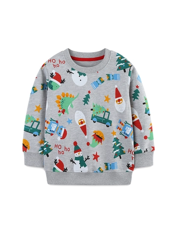 Felpa in Cotone con Stampa Natalizia per Ragazzi Girocollo a Maniche Lunghe Maglione Festivo con Cartoni Animati per Bambini Grigio