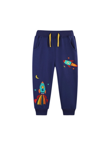 Jungen Weiche Baumwolle Jogginghose Mit Raketenstickerei Marineblau Elastischer Bund Sweatpants Für Kleinkinder Kinder Sport Hose