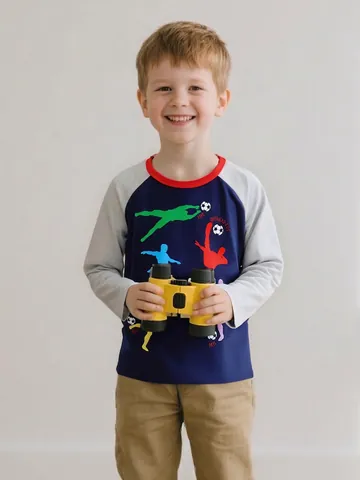 T-Shirt de Sport en Coton pour Garçons Manches Longues Raglan Contrastées Imprimé Football Col Rond Haut de Mode Enfant